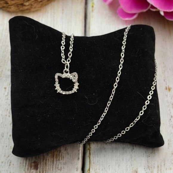 Hello Kitty Rhinestone Silver Pendant Cut-Out Necklace Cat Face Pendant Jewelry - Picture 2 of 6